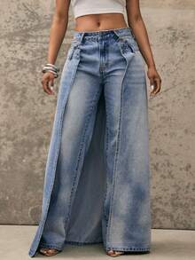 Denimoi Double Waist Skirt Overlay Straight Leg Jeans Fashion Jeans Statement Denim Fashion It Girl - Light Wash - View 4