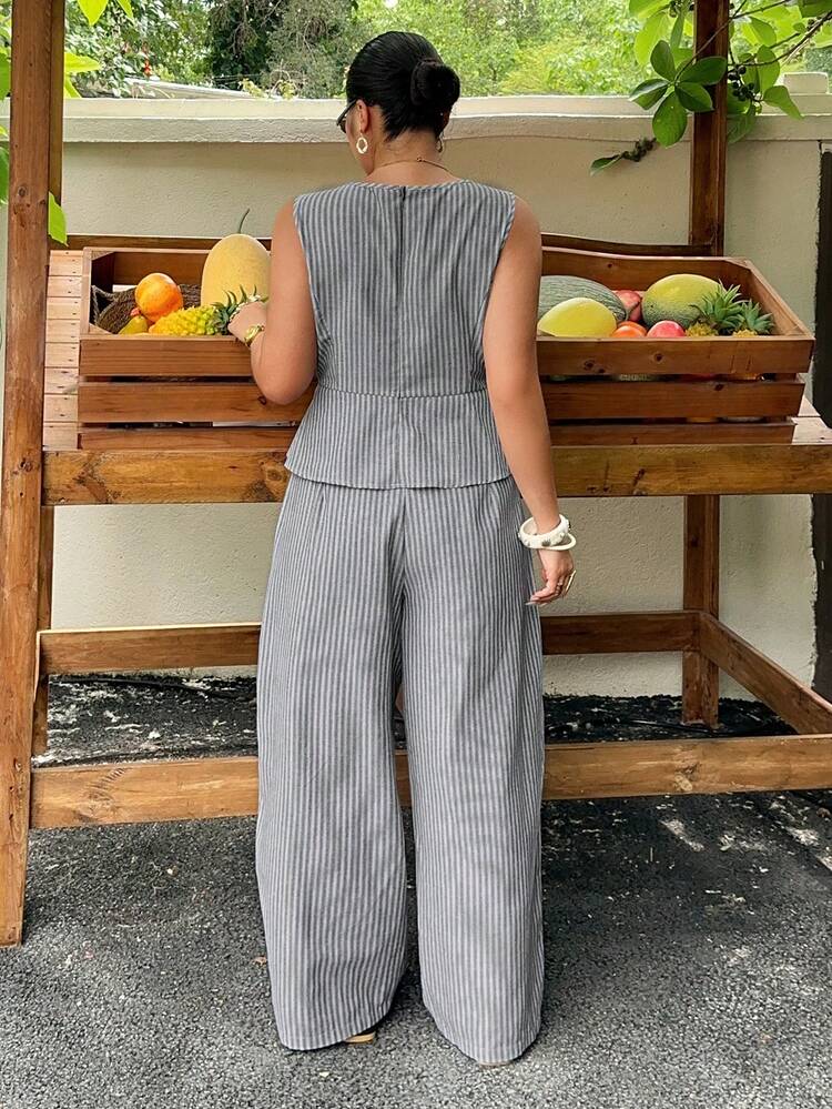 Dazy Plus Striped Casual Vacation Style Set, Sleeveless Crop Top And Long Relaxed Pants, Plus Size, Spring/Summer Street Fashion 2-Piece Outfit