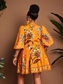 Maweii Vestido casual de fiesta con cuello en V profundo, estampado floral y drapeado para mujer de talla grande - Multicolor - Ver 6