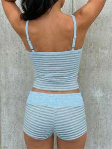 SHEIN EZwear Bộ đồ thường ngày 2 món dành cho nữ: áo hai dây kẻ sọc và quần short. - Màu xanh lam - Xem 2