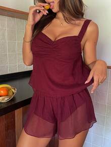 Livesso 女士性感纹理半透明褶皱胸部设计吊带背心和超短裤睡衣套装，夏季 - 紅色 - 查看 6