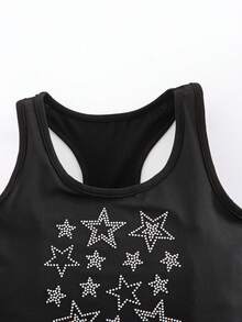 2pcs/Set Tween Girls' Star Rhinestone Black Summer Cute Active Workout Suit,Round Neck Vest&Shorts,Breathable High-Elastic Dance Gymnastics Outfit - Black - View 4