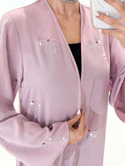 Yasmyna Abaya elegante de manga larga para mujer con decoración de lazo de strass