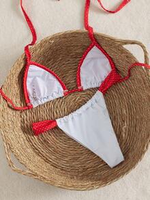 Swim Mod Contrast Color Polka Dot Print Halter Neck Tied Two Pieces Swimwear Set, Spring/Summer - Red and White - View 2
