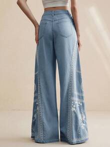 Anewsta Women's Elegant Bohemian Embroidered Blue Wide Leg Casual Pants, Suitable For Spring/Summer, Romantic Party, Vacation - Blue - View 7