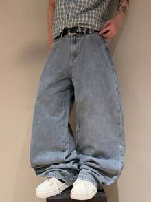 STEELVANCE Vintage Washed Embroidered Loose Straight Leg Casual Jeans, Versatile Streetwear - Light Wash - View 4