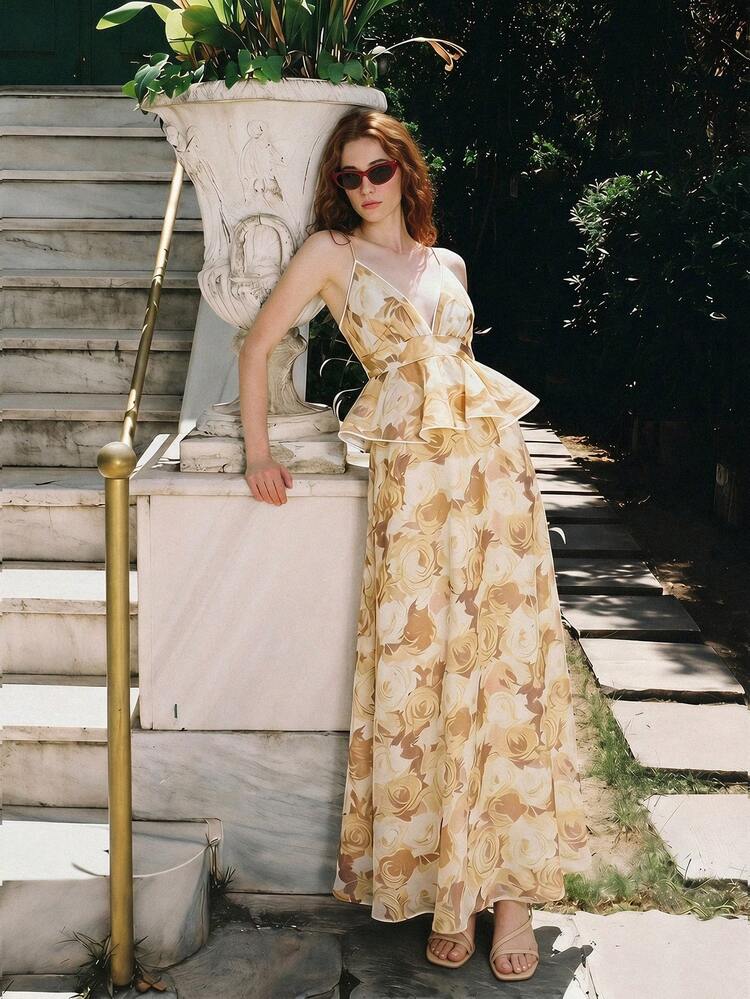 ELEGANT WARM-TONE FLORAL SPAGHETTI STRAP MAXI DRESS FOR WOMEN | CHEST HORIZONTAL PLEATS, WAIST SECTOR RUFFLE DECORATION, RANDOM CHIFFON FLORAL PRINT, BODYCON FIT WITH FLOWY DRESS FOR SUMMER VACATION, BEACH PARTIES, GARDEN PARTIES, WEDDING GUEST EVENTS, SPRING/SUMMER CELEBRATIONS, FORMAL EVENINGS & VALENTINE'S DAY