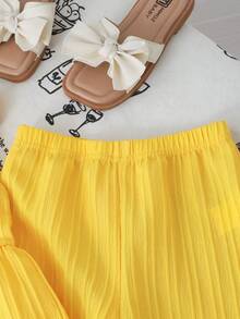 SHEIN Genkimix Kids Bộ đồ đôi 2 món cho bé gái: áo tay ngắn cổ bẻ và quần dài, kiểu dáng thường ngày. - Màu vàng - Xem 8