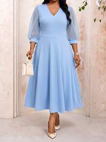 SHEIN Lady 大码女式V领网纱拼接休闲派对连衣裙 - 藍色 - 查看 4