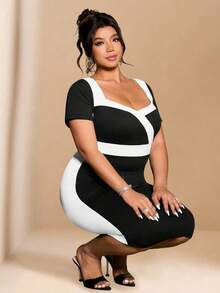 SHEIN CURVE+ 大尺碼女款拼色短袖貼身修身優雅通勤洋裝 - 黑與白 - 查看 4