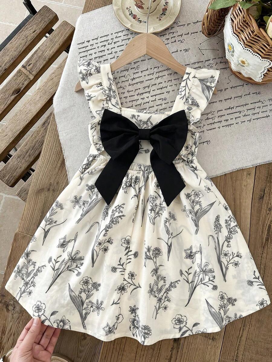 SHEIN LMoss Kids 女童雪纺碎花方领荷叶边下摆休闲连衣裙 - 黑與白 - 查看 1