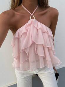 Firerie Damen Sommer elegant romantisch Urlaub Neckholder Metall Dekoration mehrschichtig Rüschen Lotus Rosa Bluse Top - Altrosa - Übersicht 5
