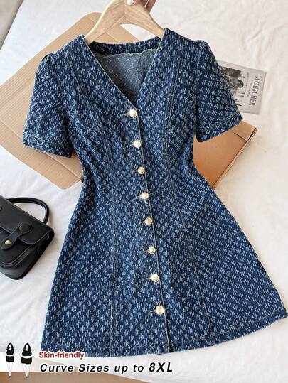 SHEIN CURVE+ 大码女式V领提花牛仔A字连衣裙，休闲日常及夏季女装