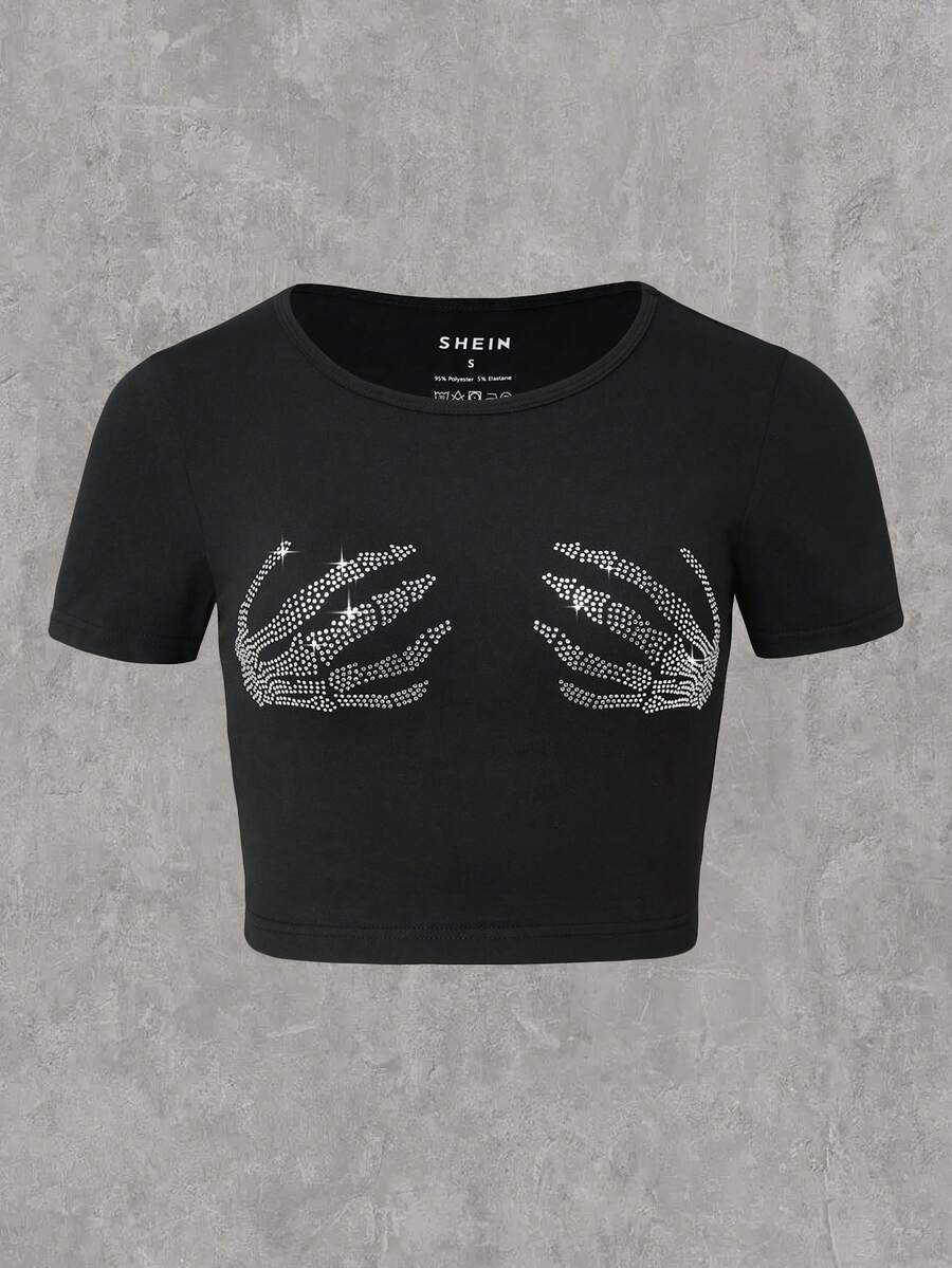 Rovax Skeleton Hand Rhinestone Detail Crop Tee - Black - View 1