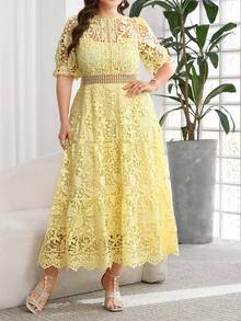 tido blanco de talla grande, vestido elegante para té, vestidos de verano de talla grande, vestidos curvy de talla grande, vestidos para bodas y eventos, vestido de malla, vestido para salir - Amarillo - Ver 9