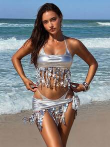 Aloruh Women's 70s Retro Sexy Silver Sequin Patchwork Outfit,Glamorous Shiny Music Festival Party Night Club Clothing,Gold,Summer Beach Swimwear Cover Up - Silver - View 7