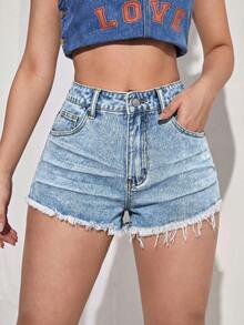 SHEIN EZwear Quần short denim trơn màu, gấu quần rách, túi xéo, kiểu dáng thường ngày. - Rửa nhẹ - Xem 3