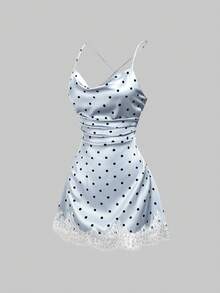 Sweetra Gaun Mini Satin Polkadot Musim Semi/Panas Terbaru, Renda Kontras, Warna Cerah, Cocok untuk Pesta, Pakaian Ulang Tahun - Biru - View 6