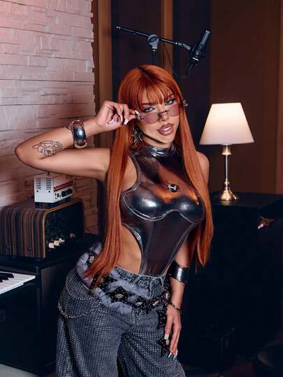 SHEIN ICON Catsuit Metálico Con Cuello Alto Y Dobladillo Asimétrico
