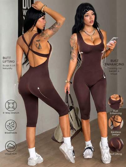 Coolane Women's Summer Sexy Sportswear Athleisure Stretchy Trim Plunge Fitted Jumpsuit Padel Activewear Sport Gym Workout