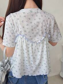 FRIFUL 女款兩件套，附領結，寬鬆圓領短袖，蝴蝶結百褶荷葉邊飾夏季套裝 - 藍色 - 查看 2