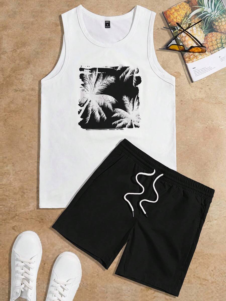 Manfinity VCAY Bộ 2 món gồm áo tank top không tay in hình cây cọ và quần short ống đứng cạp chun dành cho nam, thích hợp cho kỳ nghỉ. - màu đen - Xem 1