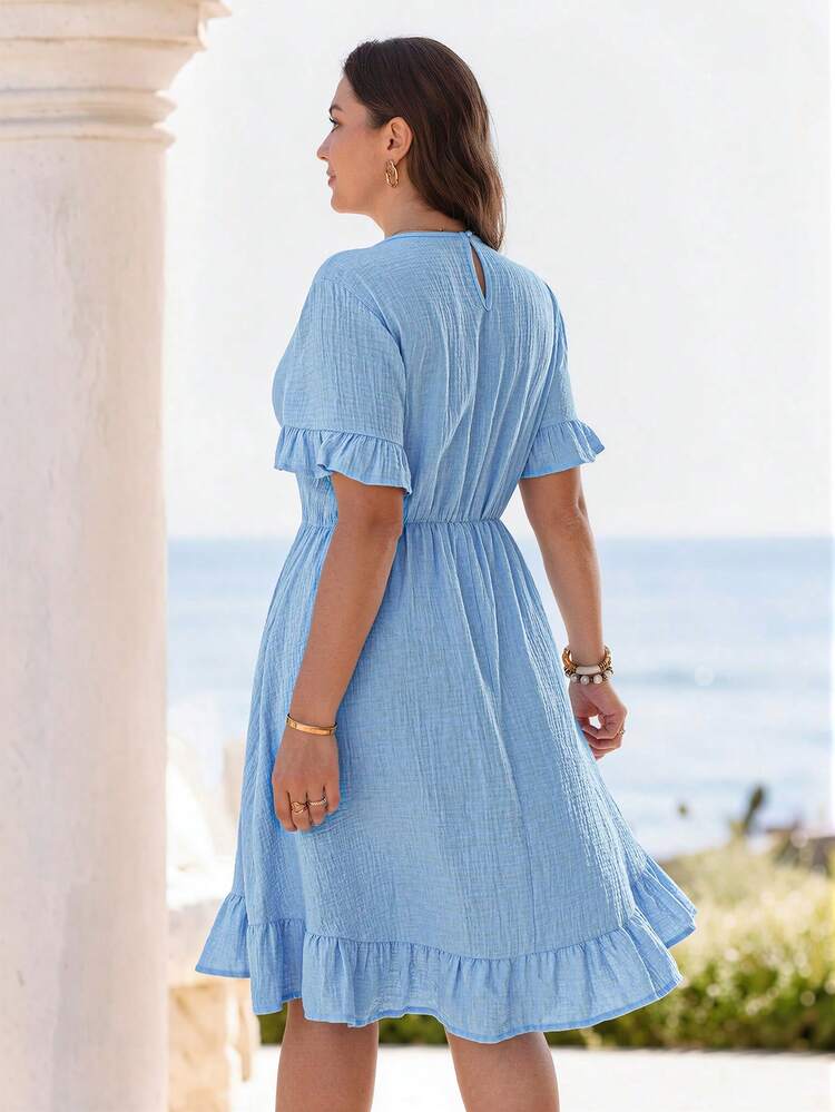 Plus Size Women's Summer Casual Vacation Ruffle Hem Round Neck Short Sleeve Solid Blue Dress