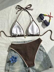 Swim Vcay Women's Swimwear Set, Special Fabric Halter Tie Backless Shell Design, 2 Pieces Summer Holiday Beach Outfit - Multicolor - View 2