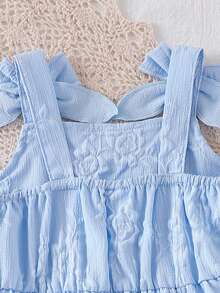 SHEIN 2件套女婴幼儿/新生儿0-3岁春夏休闲可爱度假蓝色花卉提花蝴蝶结装饰吊带背心+短裤套装，时尚设计 - 藍色 - 查看 7