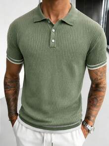 Manfinity Homme Men's Contrast Color Half-Zip Knit Short Sleeve Sweater, Summer Mesh Contrast Color Casual Polo Knit Shirt - Green - View 6