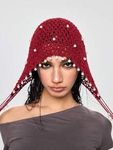 ROMWE Grunge Punk 1顶女士手工钩编镂空针织帽，轻盈透气，带流苏装饰，时尚夏季防晒帽，波西米亚风格，适合母女佩戴，女士节日/万圣节服装 - 彩色 - 查看 6