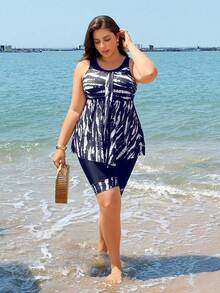 Swim Lushoire 2026 Nouvel ensemble de maillot de bain tankini deux pièces pour femmes grande taille, tankinis dos nu avec jupe, patchwork noir unicolore et imprimé numérique, convient pour la plage, les fêtes, les vacances - Bleu marine - Voir 5