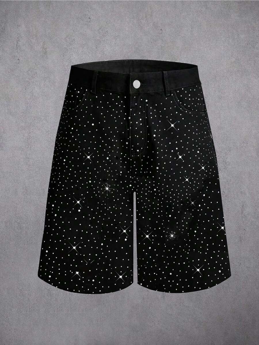 Manfinity Denimwave Men's Fashionable Versatile Rhinestone Embellished Pocket Denim Capri Pants - Black - View 1