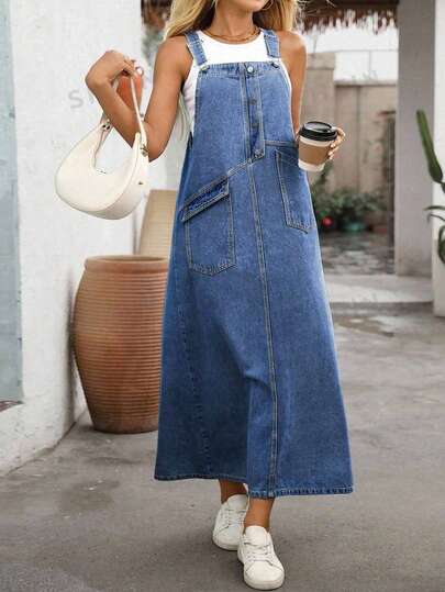 SHEIN CURVE+ Plus Size Cowgirl Outfit, Blue Non-Stretch Sexy Suspender Dress, Summer Clothes