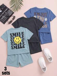SHEIN 6pcs/Set Young Boy Face Print Round Neck Short Sleeve T-Shirt And Shorts, Casual Daily Wear - Multicolor - View 4