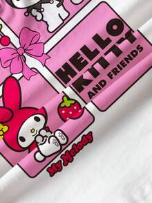 HELLO KITTY AND FRIENDS | SHEIN Young Girl Casual Cute Cartoon Letter Print Ringer Short Sleeve T-Shirt, Suitable For Daily Wear & Commuting, Summer - White - View 5