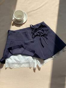 Comfortcana 大码女式休闲侧系带百褶裙搭配打底裤，撞色蕾丝迷你裙搭配短裤，亚麻女裙，抽绳裙 - 藏蓝色 - 查看 10