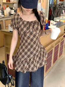 DAZY 女士格子圆领休闲短袖衬衫 夏季 - 咖啡棕 - 查看 7