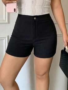 Dazy Plus Plus Size Women's Elastic Waist Solid Color Tight Fitting Shorts, Brown, Spring/Summer Vacation Gym - Black - View 5