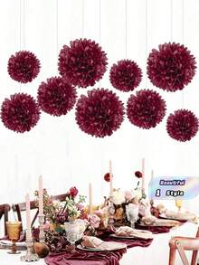 9pcs/Set Burgundy DIY Decorative Paper Flowers & Pom Poms - Suitable For Valentine's Day, Engagement, Wedding, Bridal Shower, Anniversary, Bachelorette Party, Birthday Party, Home Outdoor Hanging Decor - burgundy - View 1