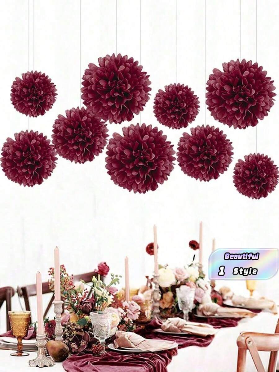 9pcs/Set Burgundy DIY Decorative Paper Flowers & Pom Poms - Suitable For Valentine's Day, Engagement, Wedding, Bridal Shower, Anniversary, Bachelorette Party, Birthday Party, Home Outdoor Hanging Decor - burgundy - View 1