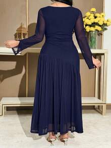 Feyla Plus Size Women Solid Color Contrast Mesh Ruffle Elegant Dress Wedding Gym Navy Blue Autumn Fall - Navy Blue - View 2