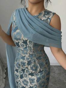 Elenzga Đầm maxi nữ bán chạy nhất, chất liệu vải jacquard vàng có họa tiết, kiểu dáng thanh lịch với khăn choàng chiffon, phù hợp cho các bữa tiệc, hẹn hò, mua sắm và nhiều dịp khác trong mùa xuân/hè. - Màu xanh lam - Xem 6