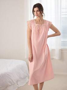 Ocili 100% Cotton Soft & Comfortable Ruffled Bowknot Nightgown, Women Sleepwear Dress - Pink - View 6