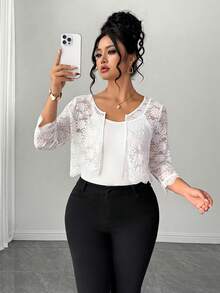 SHEIN CURVE+ Plus Size Women's Open Front Crop Lace Jacket For Holiday Party Wedding Clothes Autumn Elegant Fall - White - View 5