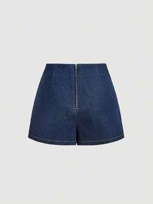 Sweetra Falda pantalón de mezclilla plisada con decoración metálica, de uso casual, para ir al trabajo y de vacaciones - Azul lavado oscuro - Ver 2
