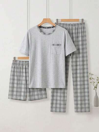 Conjunto de pijama de caballero a cuadros set de tres piezas short, pantalon, playera de cuello redondo suave comodo y elegante calidad premium