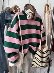 Franclia Áo sweatshirt nữ cỡ lớn dáng rộng kẻ sọc xanh hồng cổ tròn, thích hợp cho dịp Giáng sinh. - Nhiều màu - Xem 4