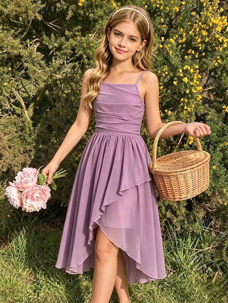 Tween-Mädchen Elegantes luxuriöses rosa Midikleid mit Spaghettiträgern, Off-Shoulder, geeignet für Party, Bankett, Abendveranstaltung, Geburtstag, Aufführung, Hochzeit, Abschlussball, Urlaub und andere Anlässe - Violett - Übersicht 1