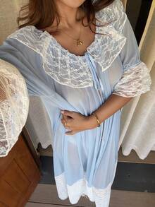 DAZY Women's Lace Patchwork Casual Loungewear Robe - Blue - View 5